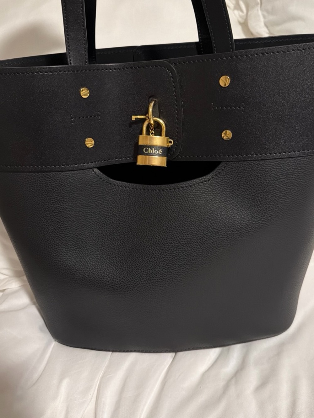 Chloé Black Leather Tote with Gold Padlock Accent - Picture 3 of 7